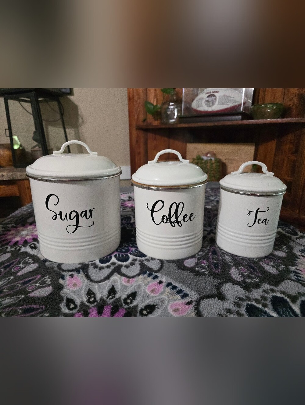 3-Piece White Metal Kitchen Canister Set Sugar Coffee Tea Farmhouse